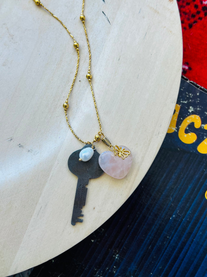 Quartz Heart & Key Necklace