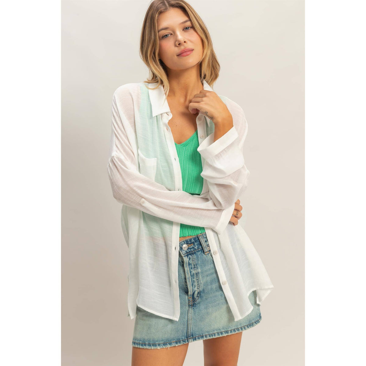 Sheer Button-Down Blouse in White