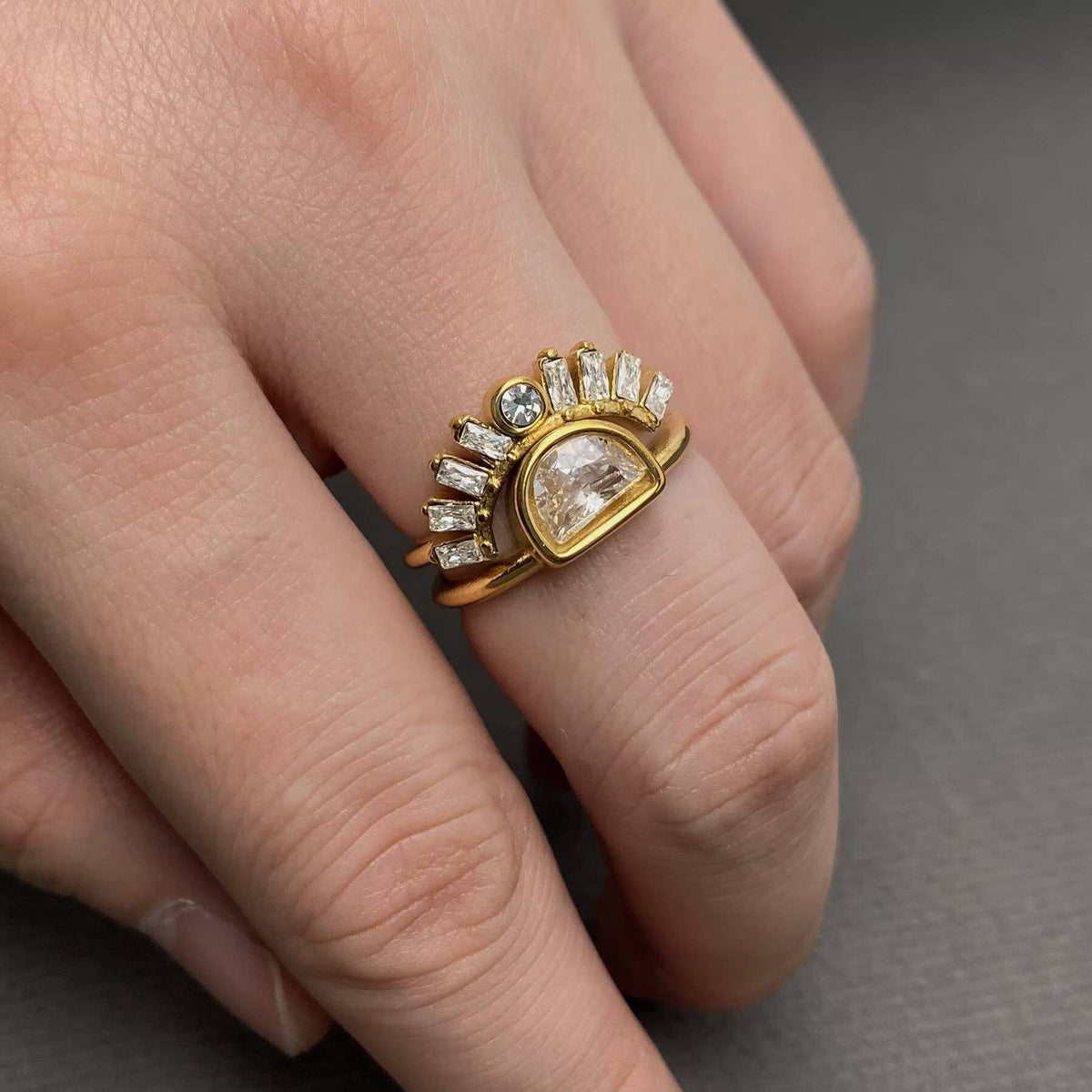 Zircon Inlaid 18K Gold Plated Stainless Steel Stacking Ring