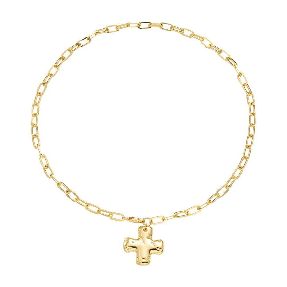 Gold Hammered Chunky Chain Cross Necklace