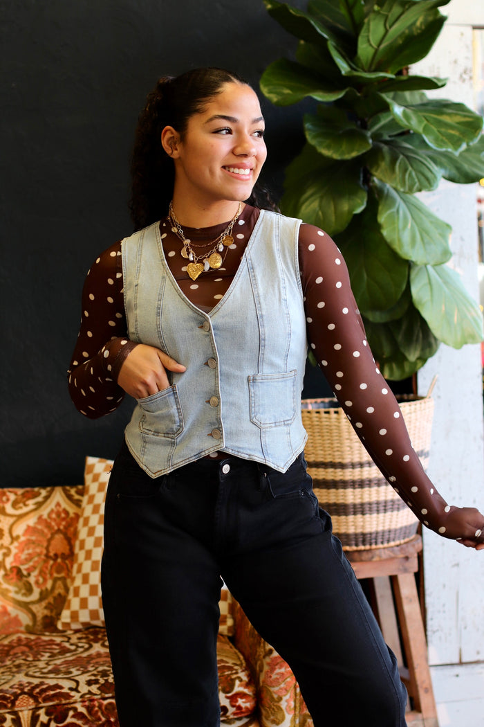 Brown & White Polka Dot Mesh Layering Shirt