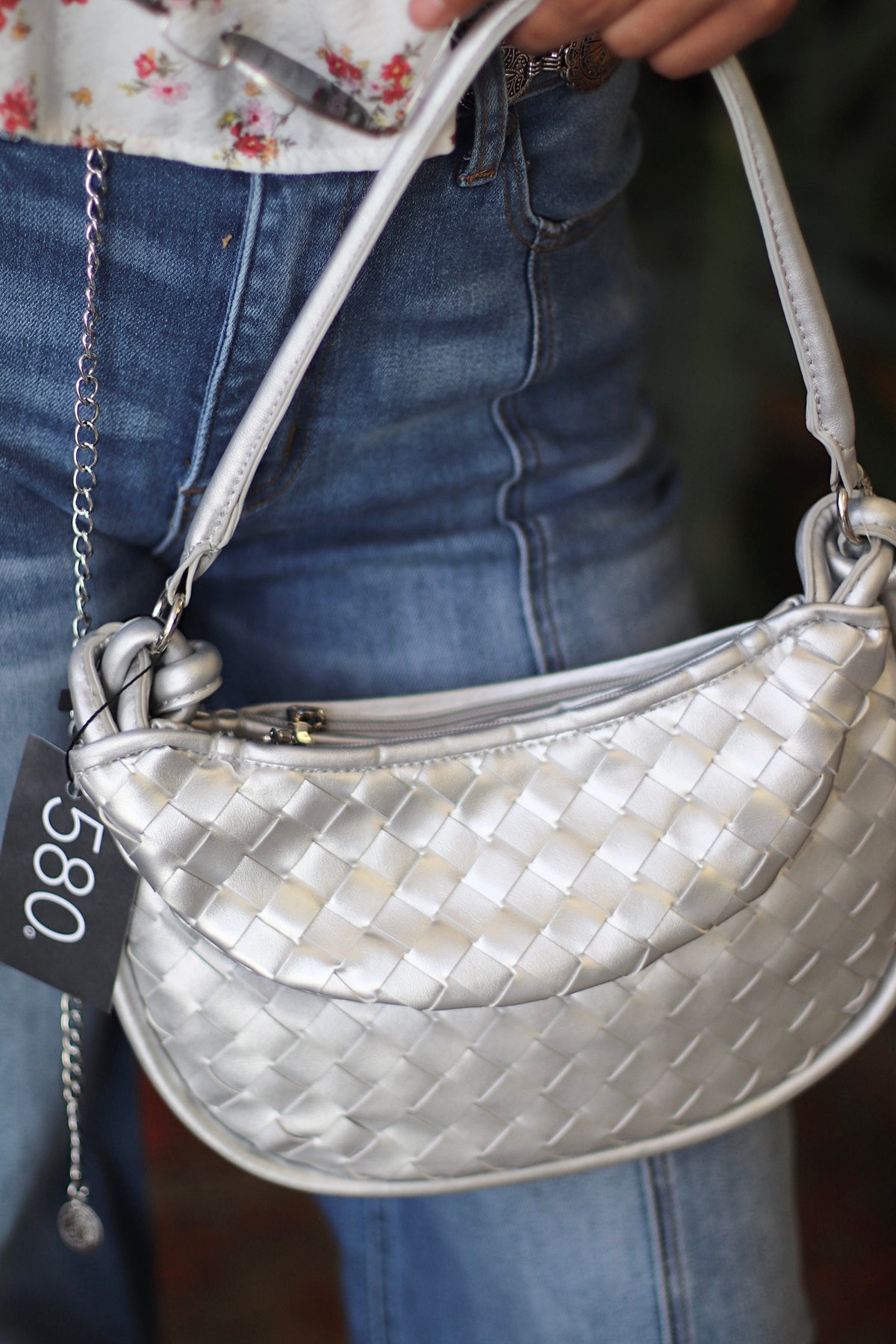 Silver Weaved Crescent Shoulder Bag