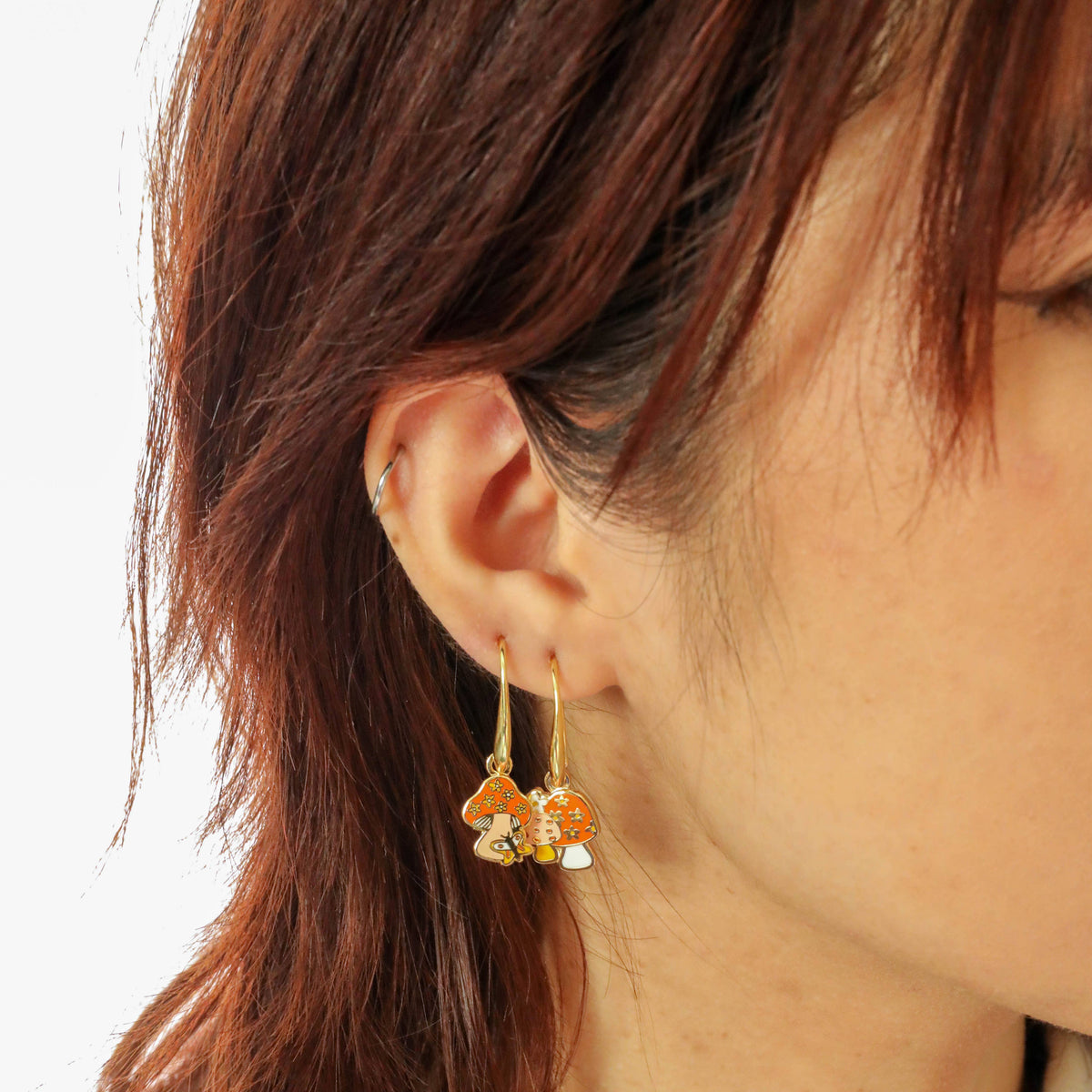Mushroom Butterfly Earrings 18k Gold Gilt Enamel - 580 Threads
