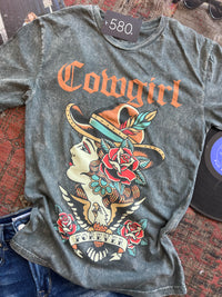 Cowgirl Forever Tattoo Stone Gray Mineral Wash Graphic Tee