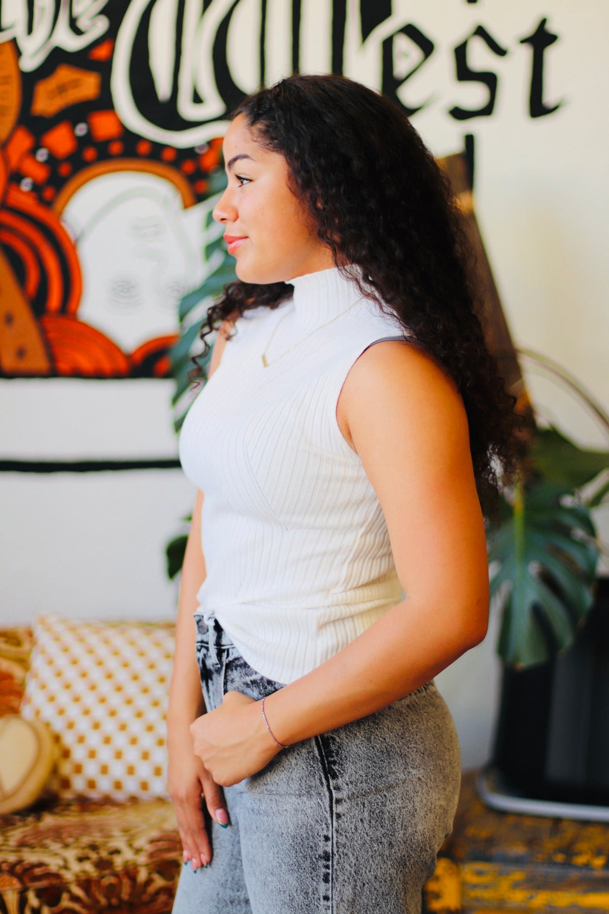 Sleeveless High Neck Ribbed Top + White