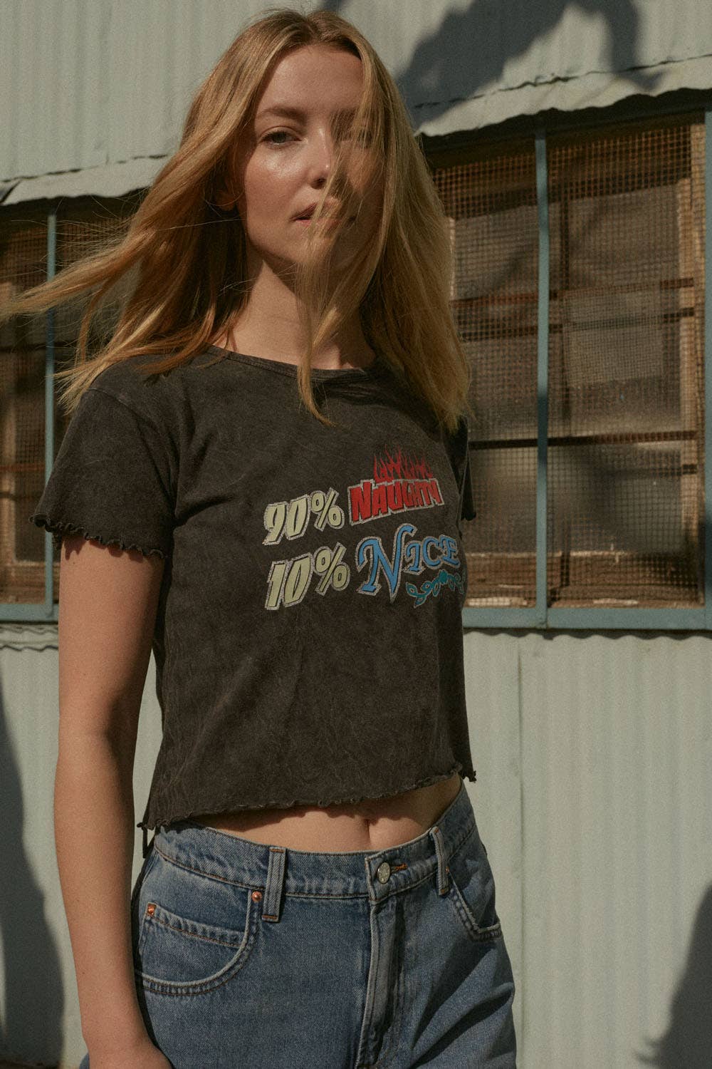 90% Naughty 10% Nice Vintage-Wash Cropped Graphic Tee