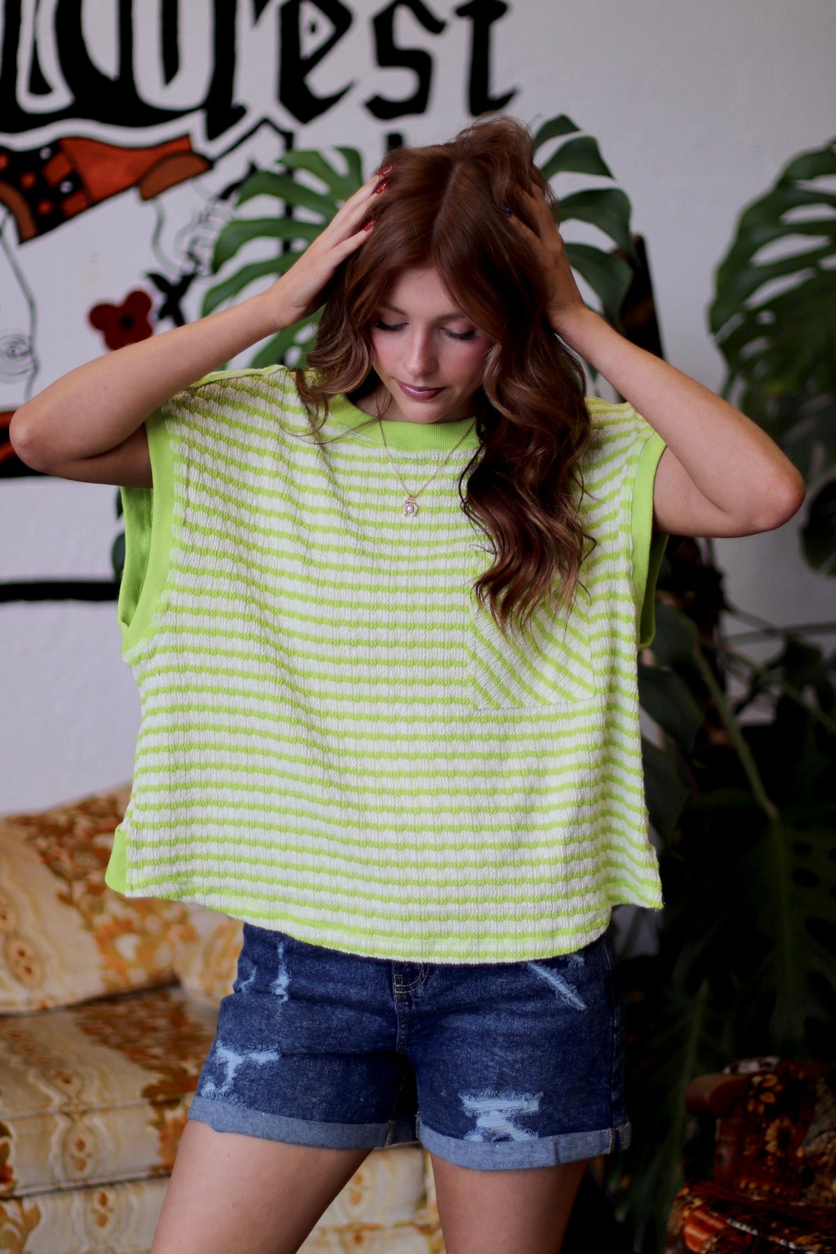 580 Lime Striped Open Back Top