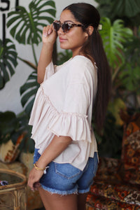 V-Neck Ruffle Hem Top in Almond
