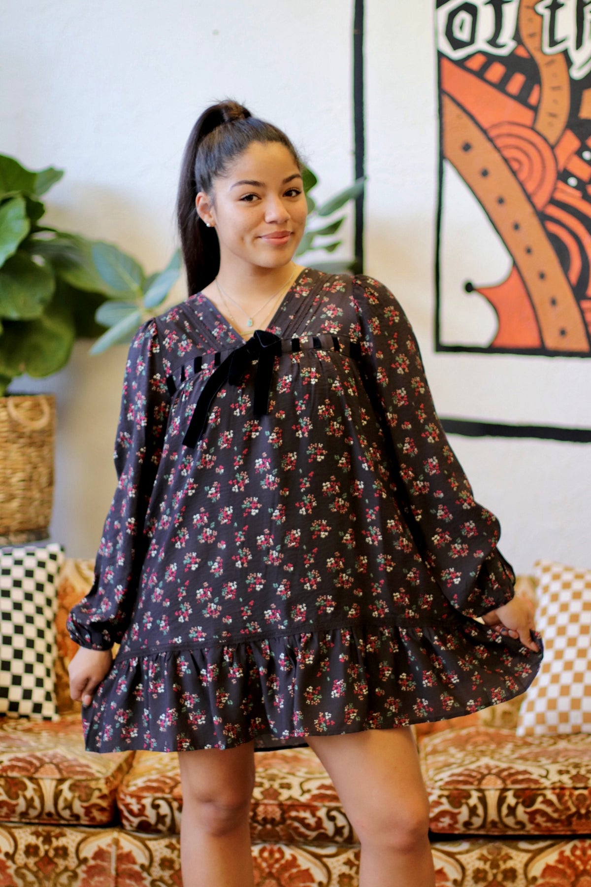 Black Floral Printed Front Bow Mini Dress