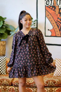 Black Floral Printed Front Bow Mini Dress