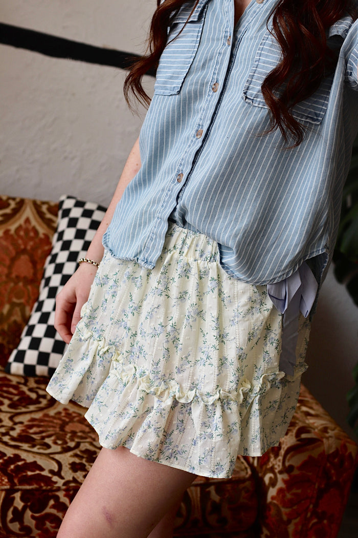 Floral Bow Mini Skirt w/ Shorts in Sky