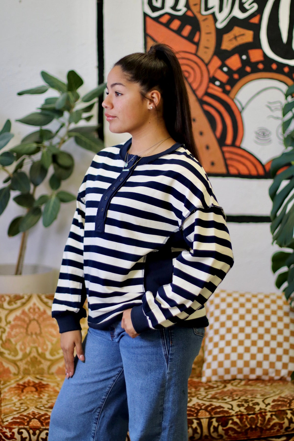Navy Striped Half Button Down Top