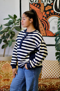 Navy Striped Half Button Down Top