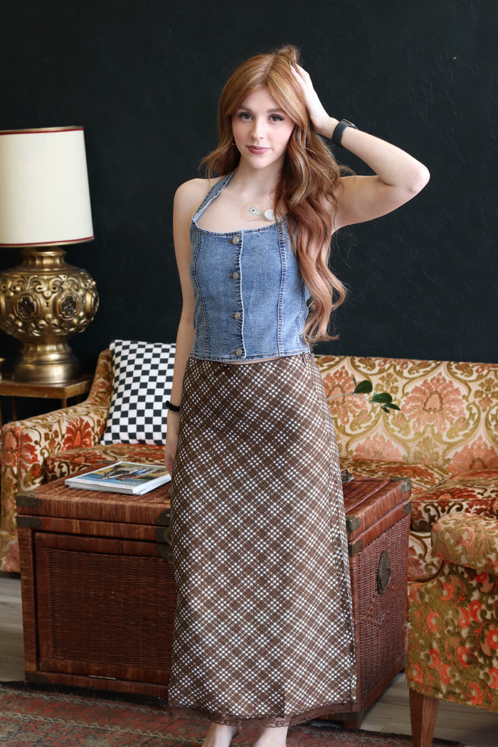 Randi Chocolate & Blue Mix Plaid Midi Skirt
