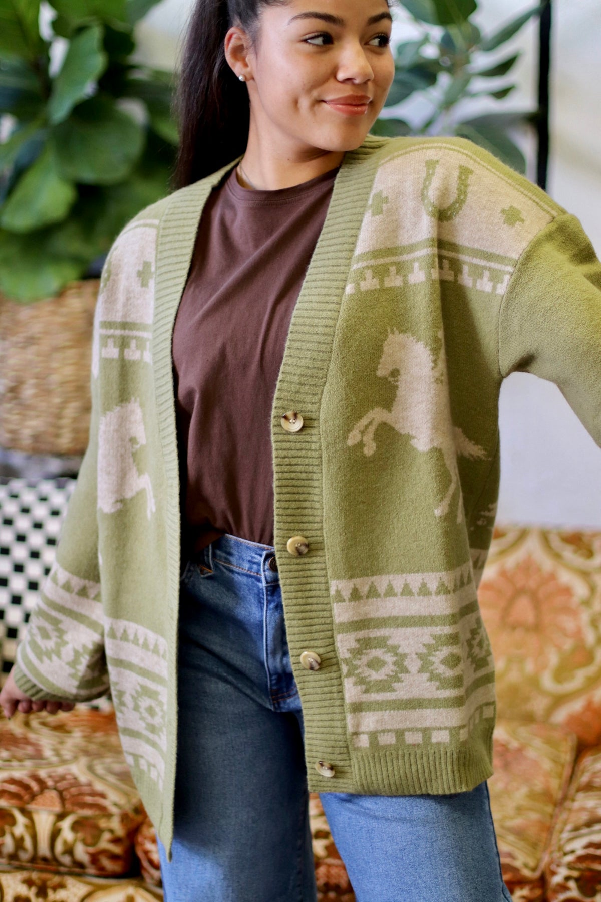 Oversized Western Knit Sweater Cardigan Olive