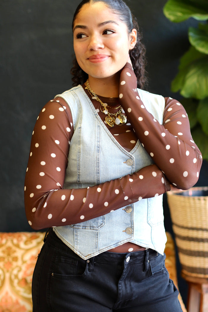 Brown & White Polka Dot Mesh Layering Shirt