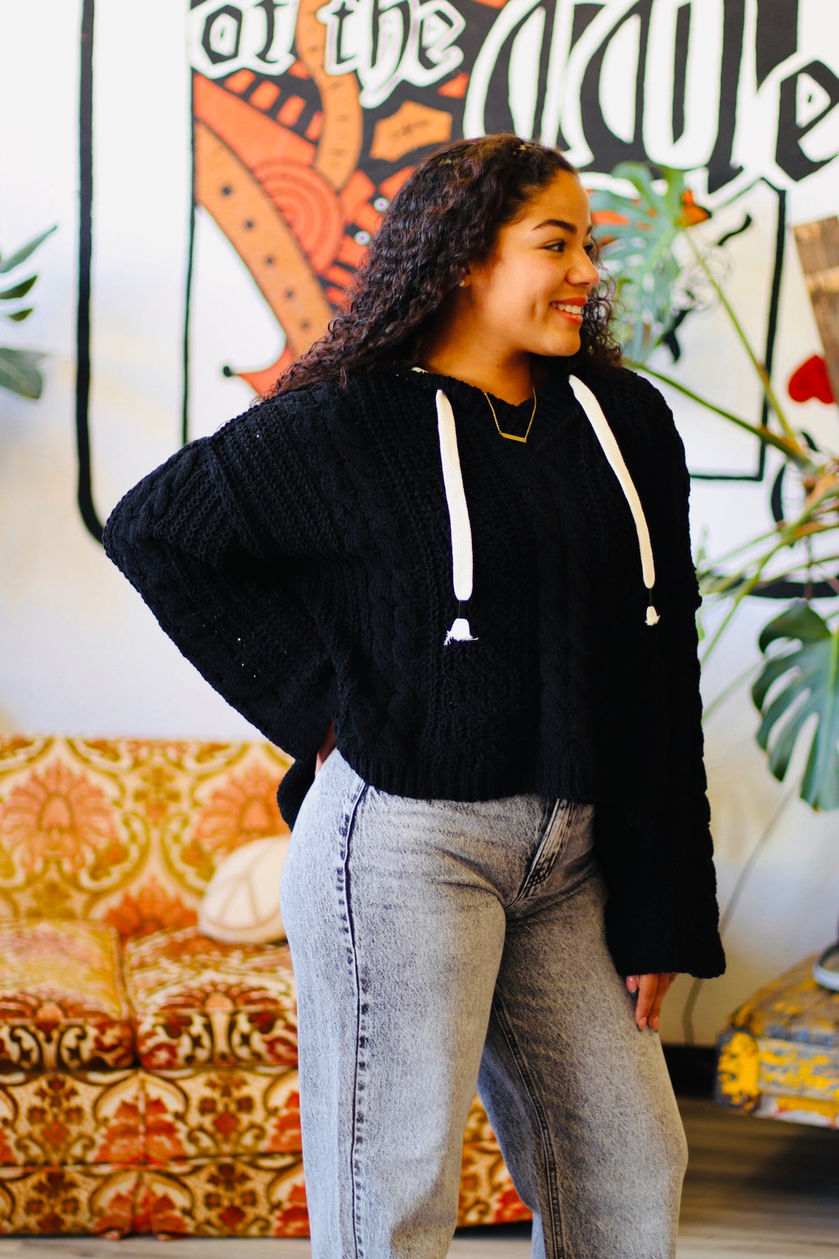 Soft Cable Knit Hooded Sweater + Black