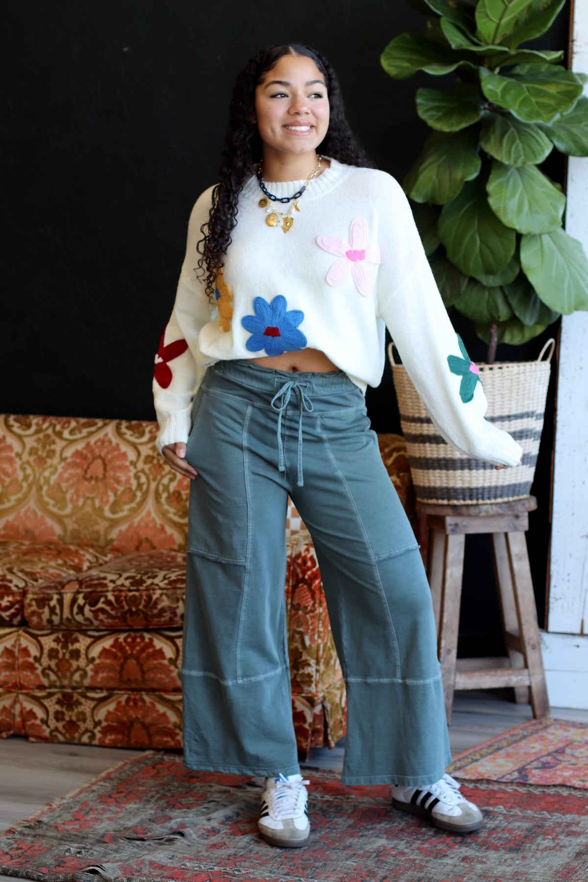 French Terry Wide Leg Pants Jade