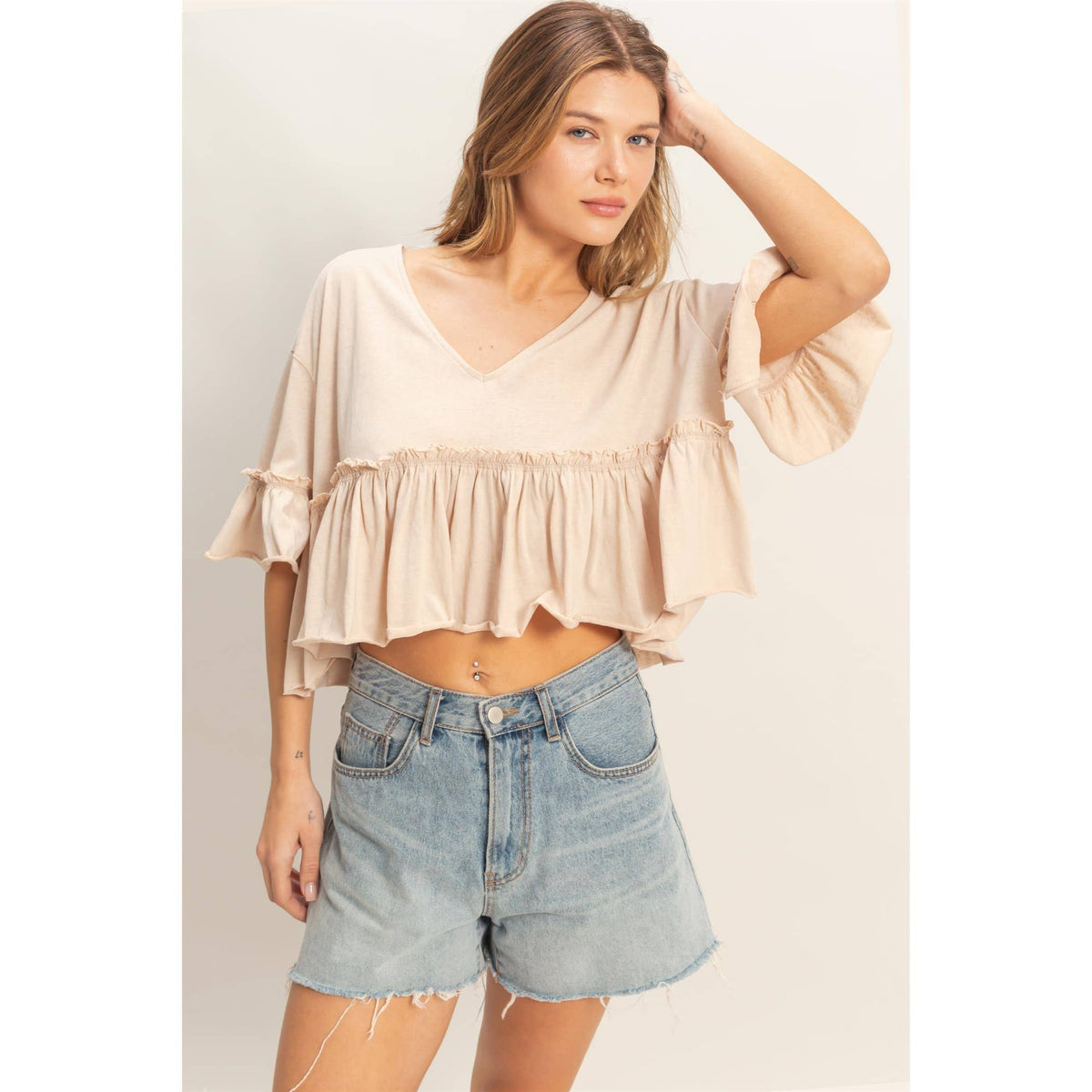V-Neck Ruffle Hem Top in Almond