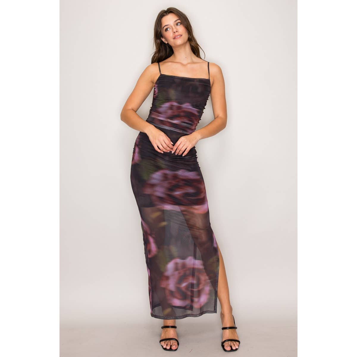 Black & Pink Low Back Mesh Maxi Dress