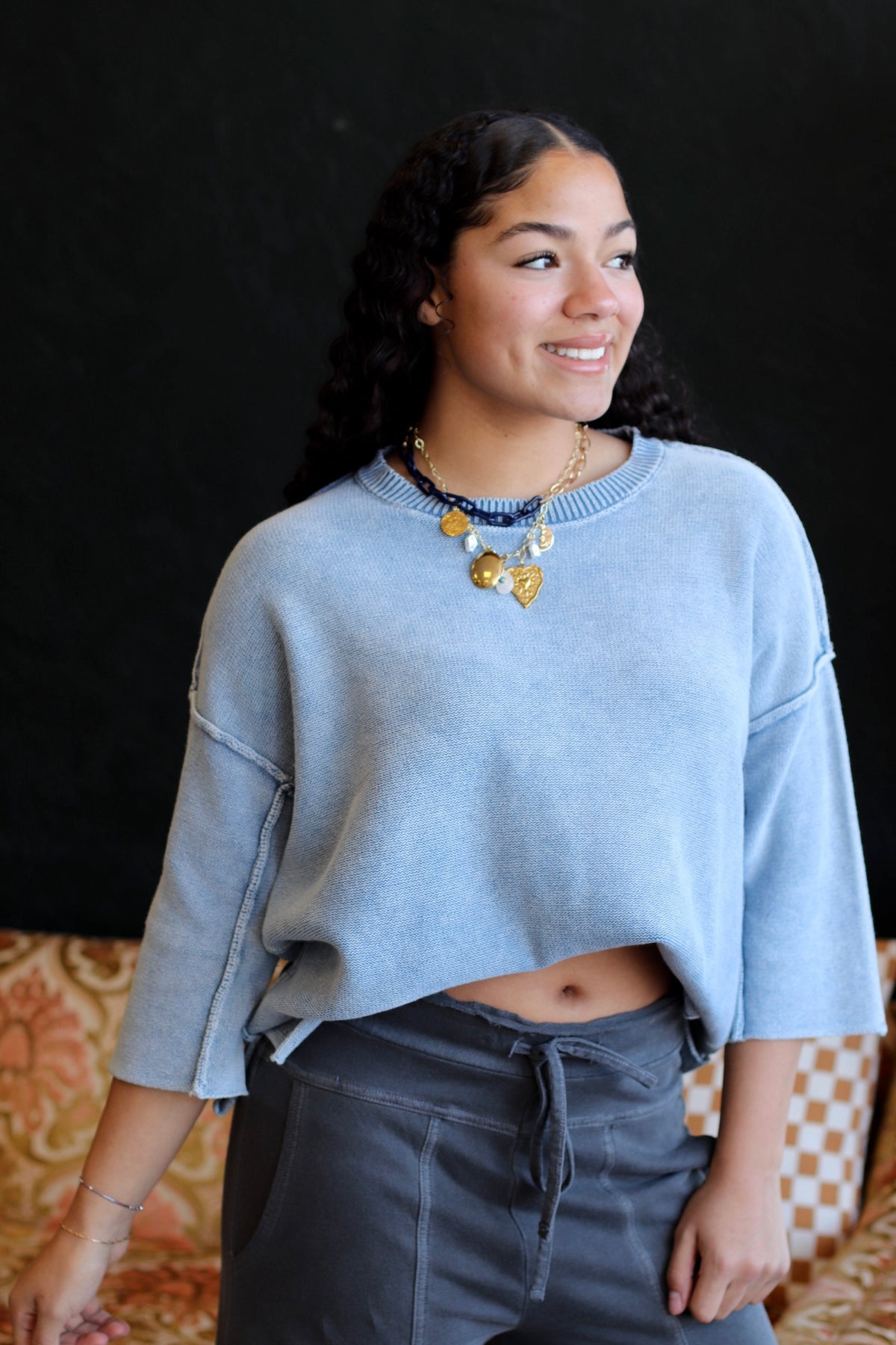 Quarter Sleeve Knit Sweater Dusty Blue