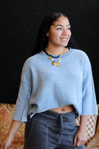 Quarter Sleeve Knit Sweater Dusty Blue