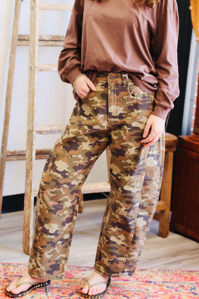 Eliza Camo Barrel Jeans
