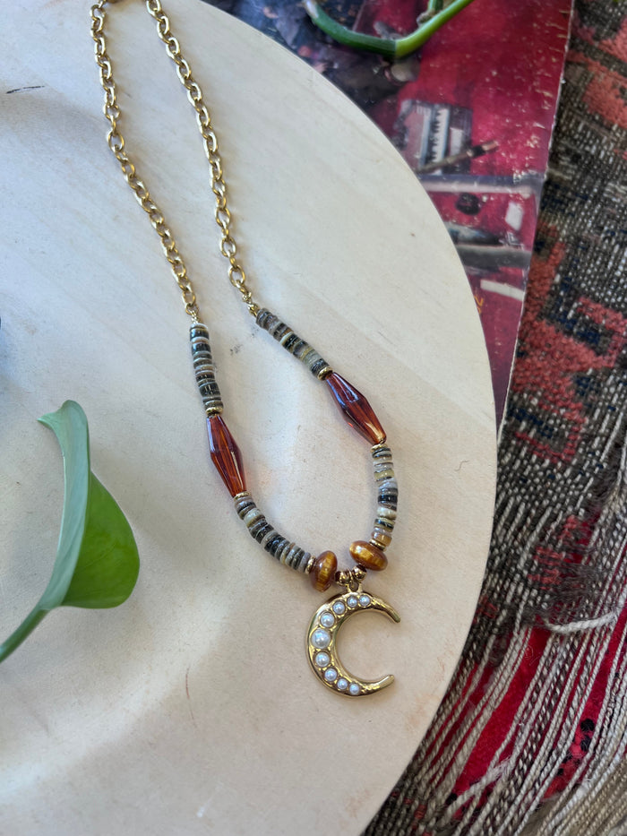 Chunky Boho Beaded Moon Necklace