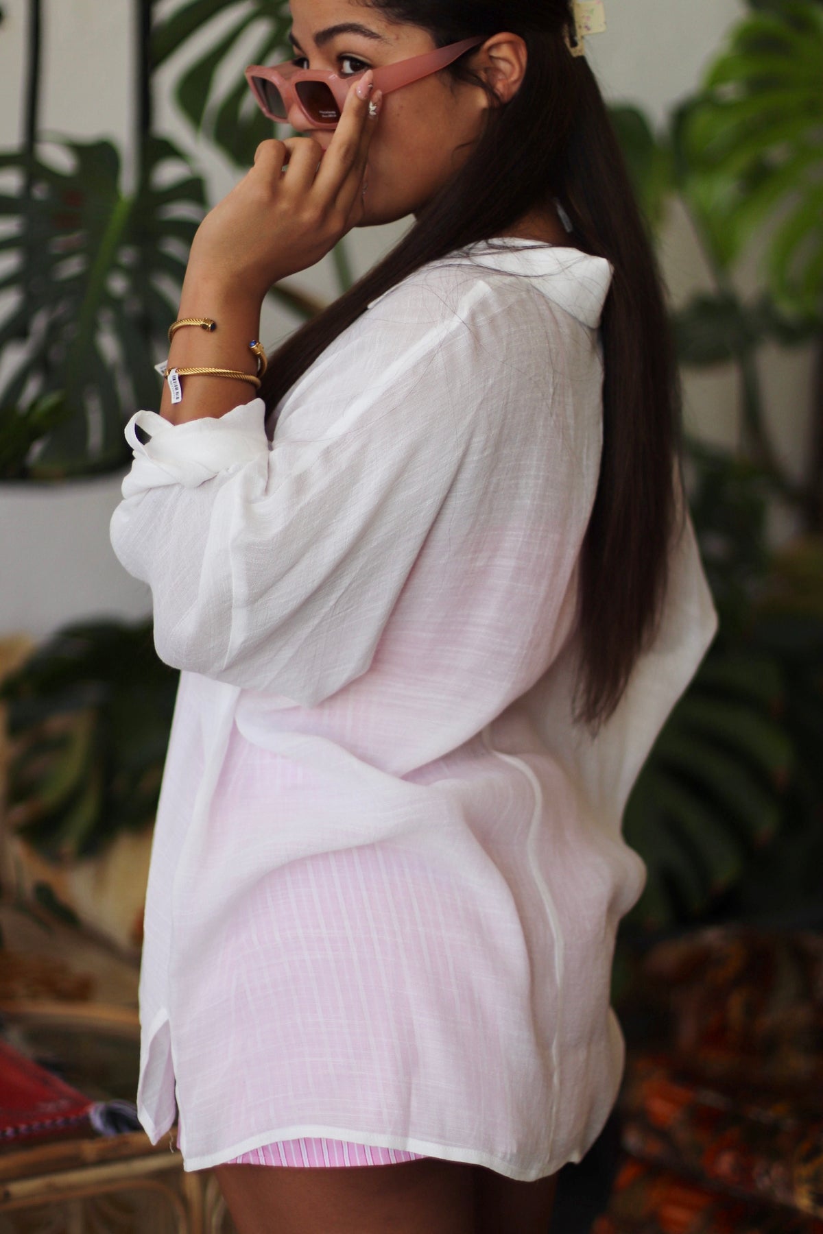 Sheer Button-Down Blouse in White