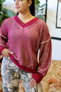 Oversized Two Tone Knit Sweater Wine