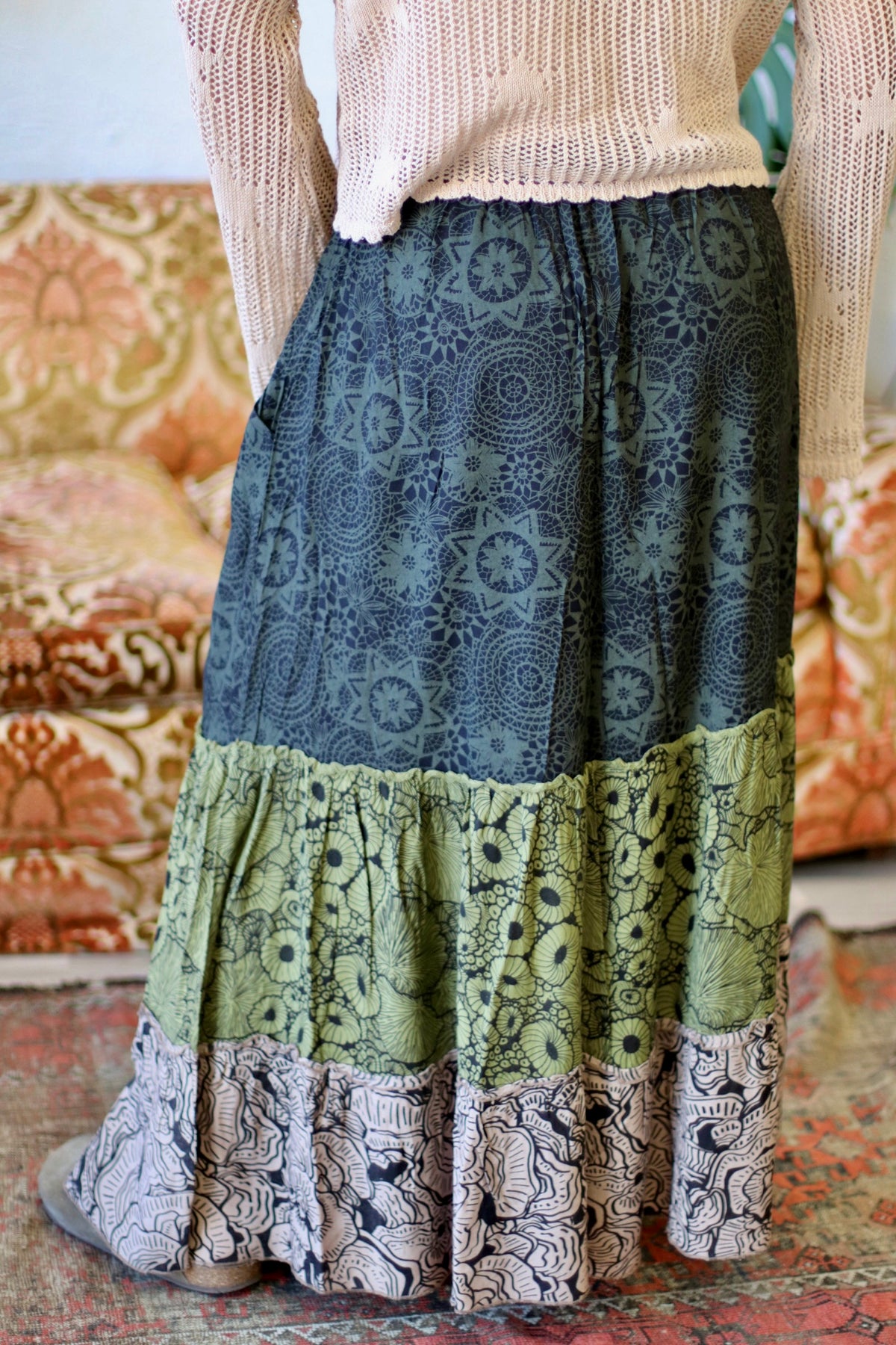 Tiered Mix Print Maxi Skirt in Green