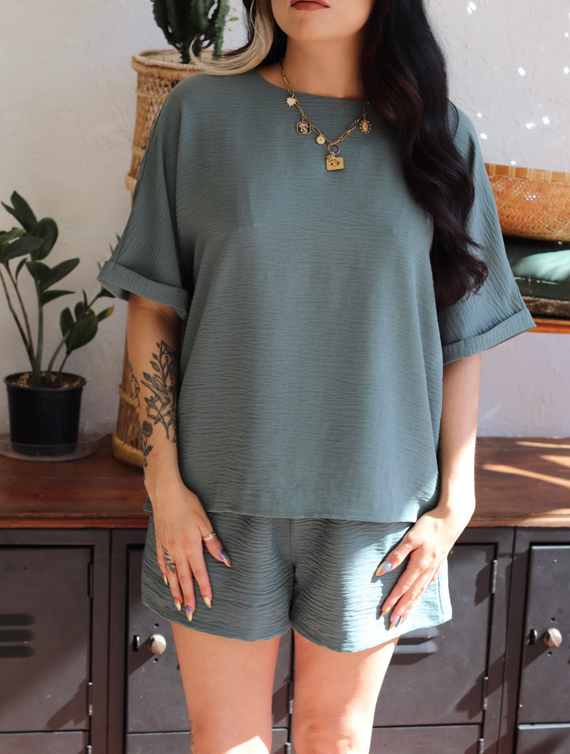 Woven Two Piece Shorts Set in Jade