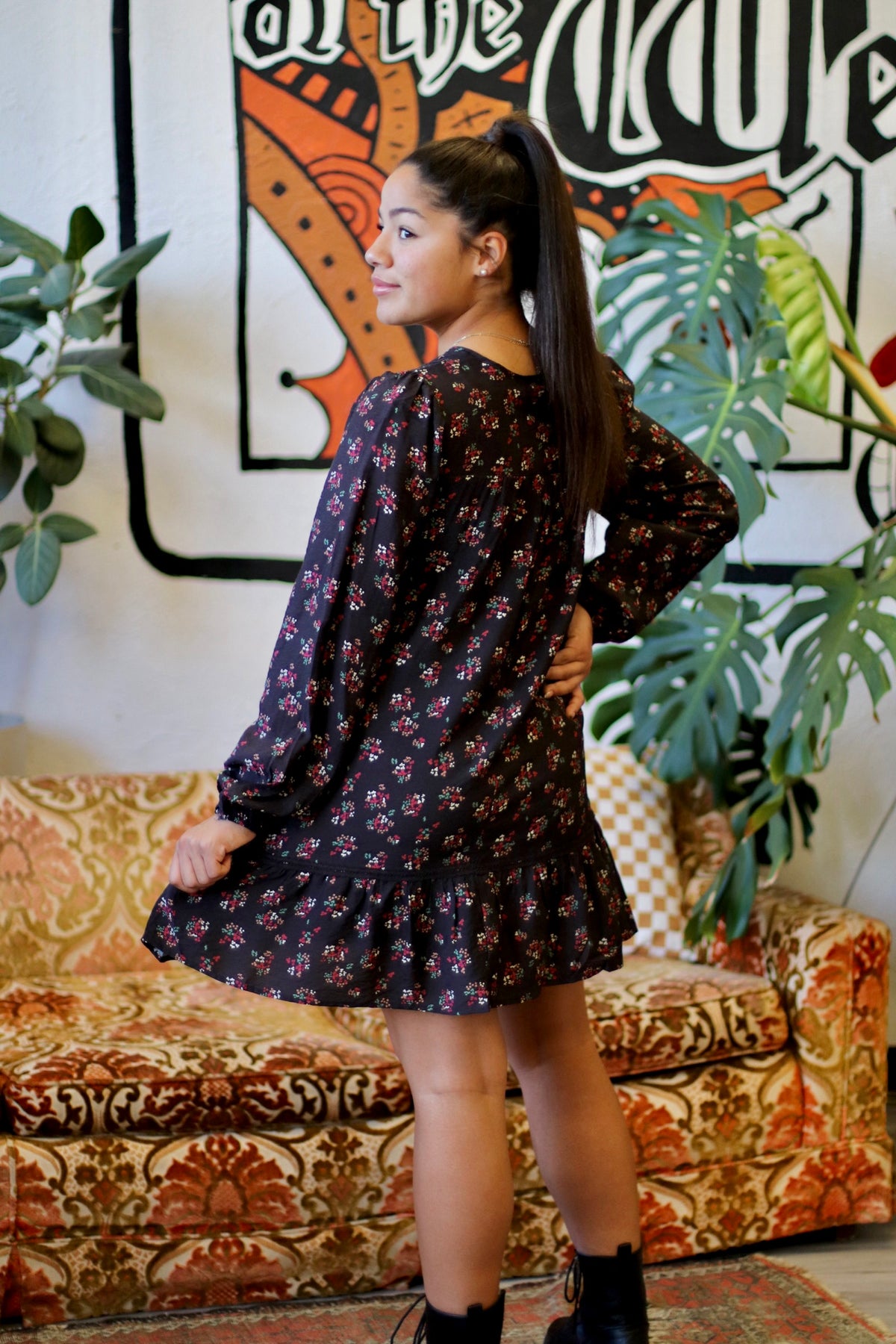 Black Floral Printed Front Bow Mini Dress