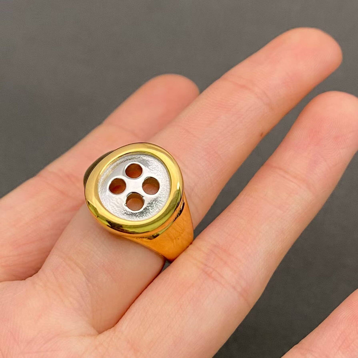 Two Tone Button 18K GP Ring