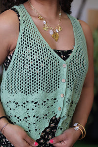 Floral Hem Detail Crochet Knit Vest Sage