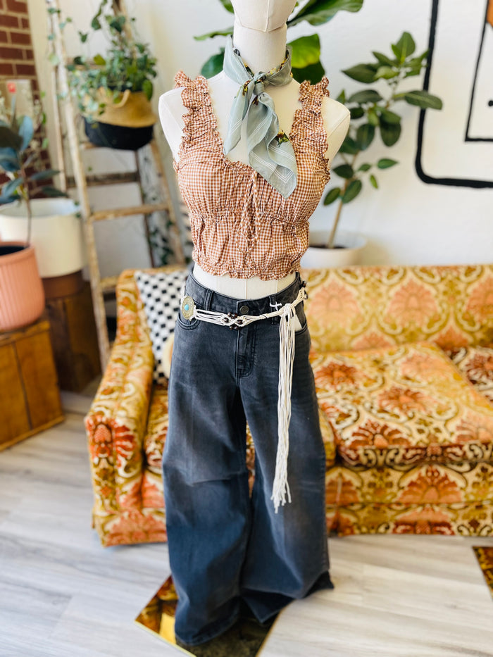 Going On A Picnic Cropped Gingham Top in Caramel