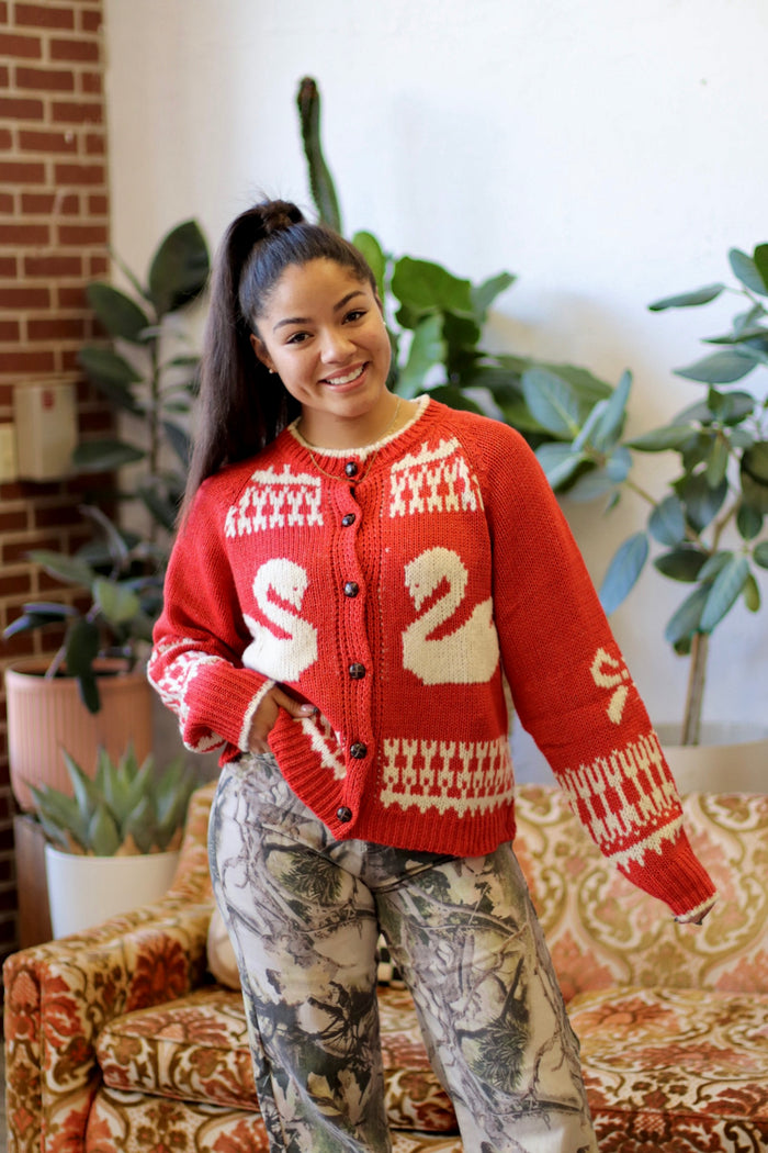 Swan Knit Cardigan + Red