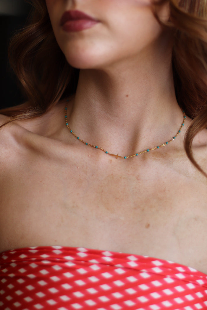 Blue Enamel Gold Cross Horizontal Necklace