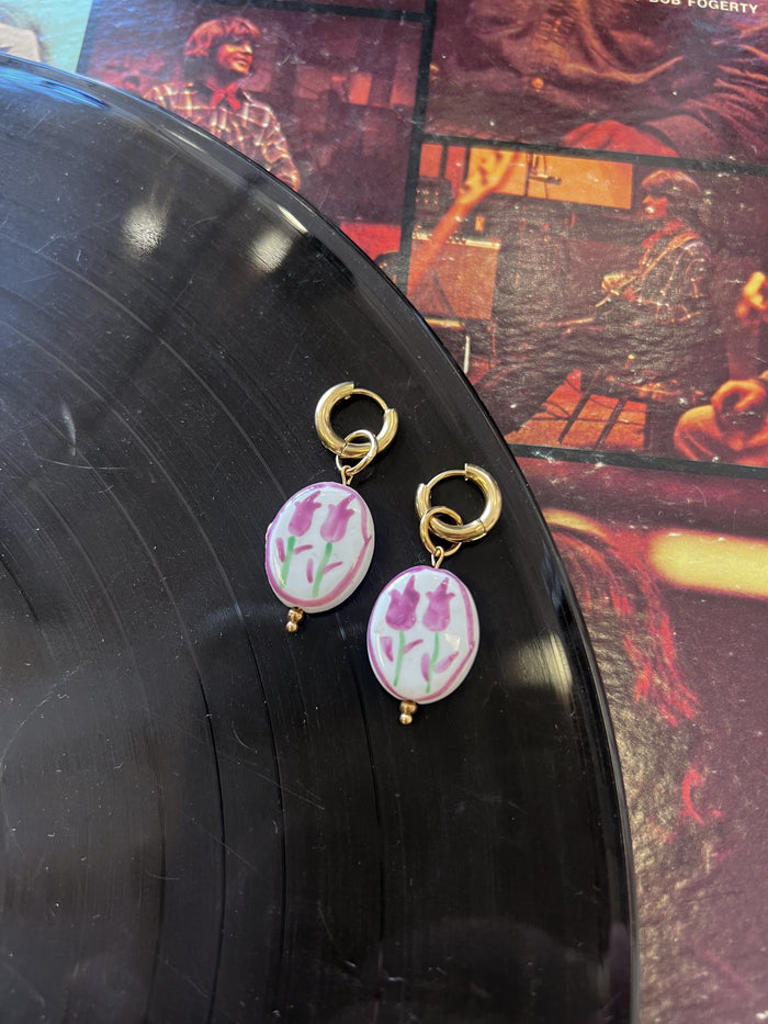 Ceramic Floral 18K GP Huggie Earrings + Purple