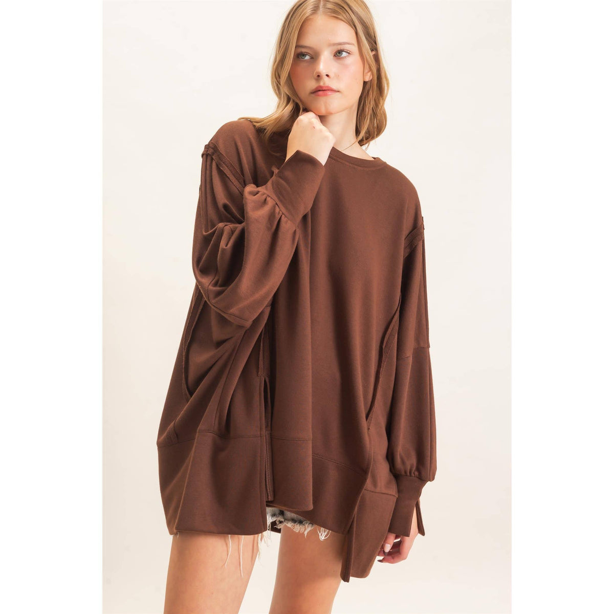 Brown Exposed Seam Oversized Crew Neck