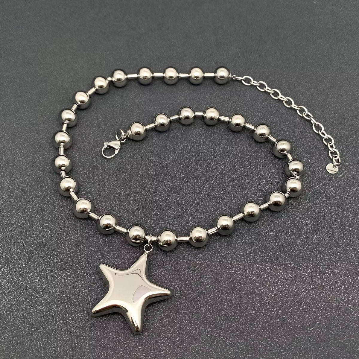 Stainless Steel Big Star Charm Beaded Necklace
