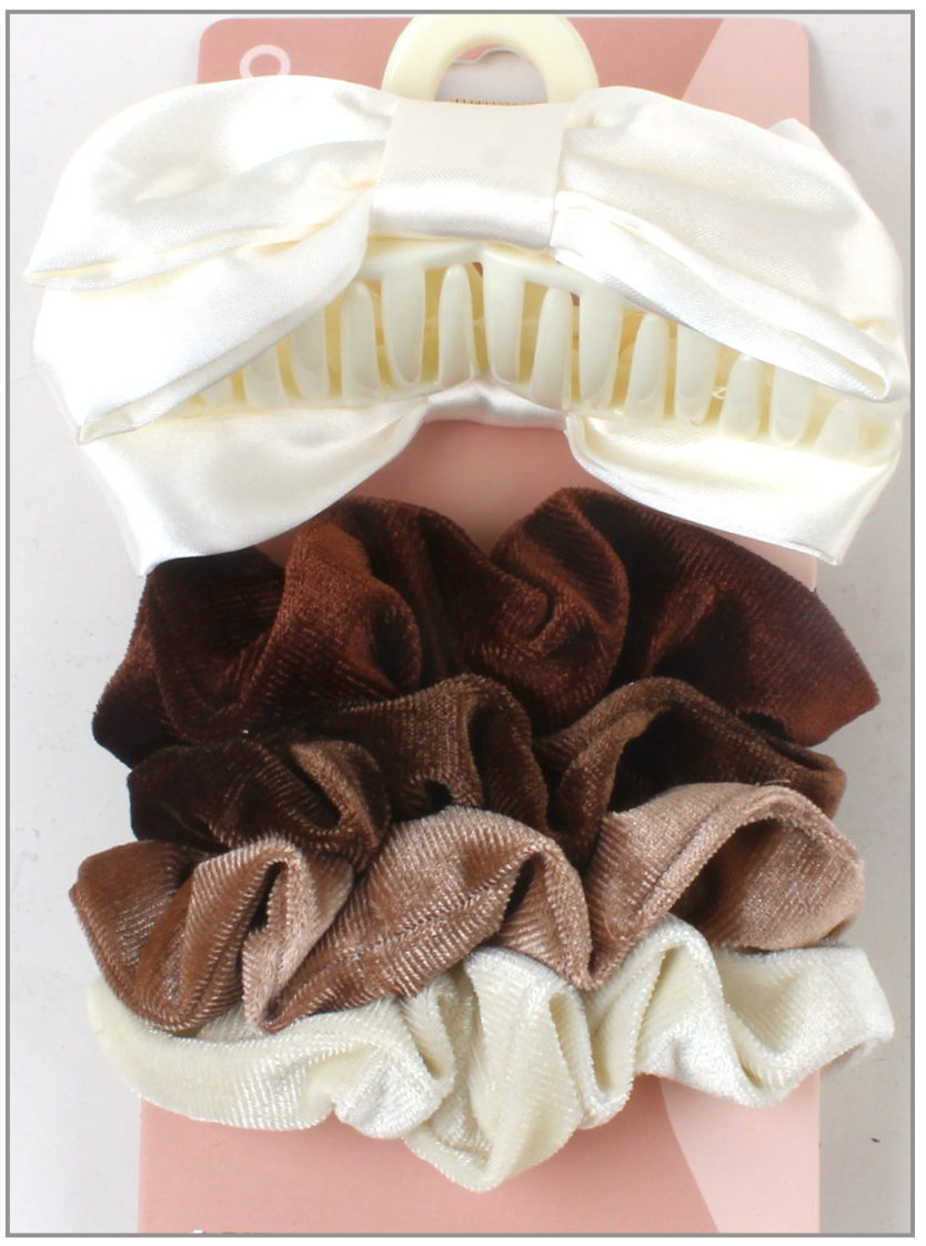 5 PC Bow Clip & Scrunchie - Ivory/Hazelnut