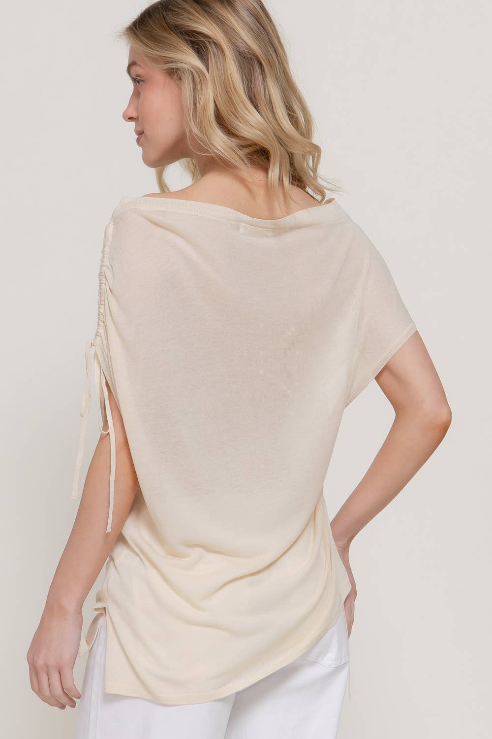 Sand Asymmetric Side Drawstring Knit Top