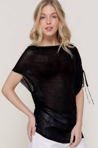 Black Asymmetric Side Drawstring Knit Top