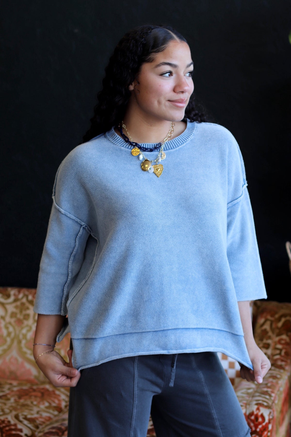 Quarter Sleeve Knit Sweater Dusty Blue