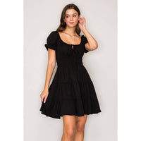 Black Short Sleeve Peasant Tiered Mini Dress