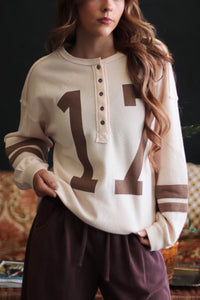 Game Day Cream & Brown 17 Henley Long Sleeve Top
