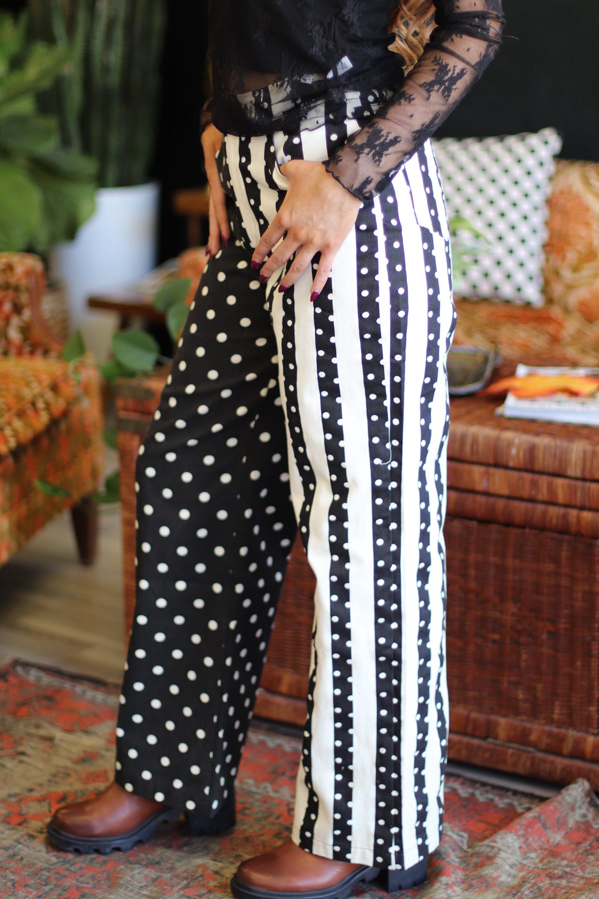 Split Personality Polka Dot & Striped Wide Leg Pants in Black