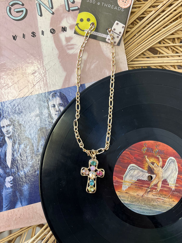 Multi-Colored Crystal Cross Necklace