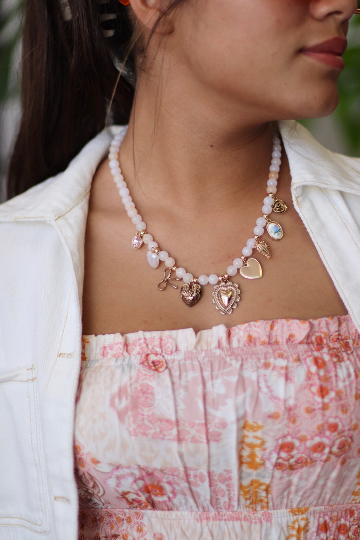 Chunky White Beaded Heart Charm Necklace